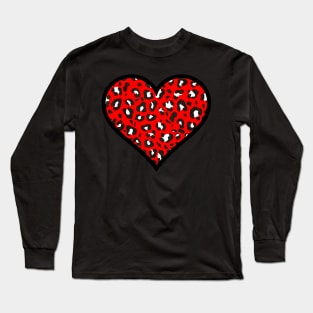 Red, Black and White Leopard Print Heart Long Sleeve T-Shirt